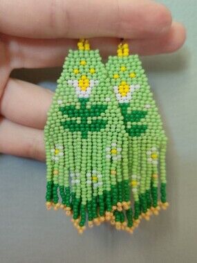 Handmade Beaded Fringe Earrings in Light Green with Yellow Daisy